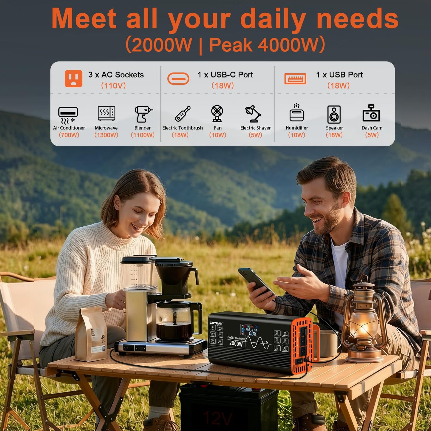 2000 Watt Pure Sine Wave Inverter,12V DC to 110V AC Power Inverter with 3 AC Outlets & 2 USB Ports, for Home Emergency, Solar System, Off-Grid Cabin