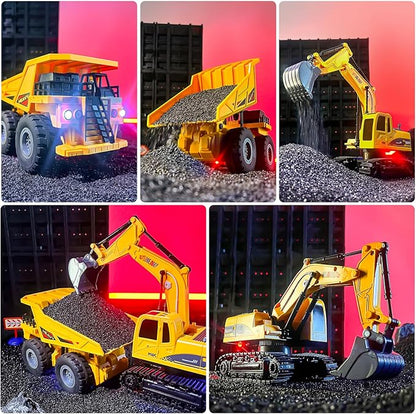 RC Excavator and Dump Truck Toy Set for Kids - 11 Channel Remote Control Construction Vehicle with Lights and Sounds Music 2.4Ghz Rechargable Digger Car Gifts for Boys Kids Ages 6-8