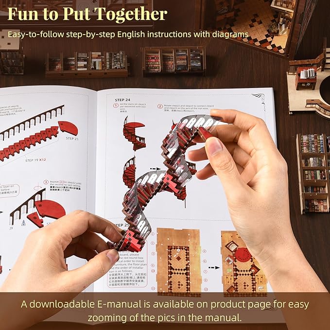 DIY Book Nook Kit - 3D Miniature Wooden Scene with LED Lights Dustcover &amp Tools for Shelf Decor (Abbey Library)