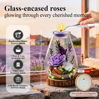 Tyvouflo Birthday Gifts for Women Preserved Flowers Purple Roses Candle Holder in Glass Dome Gift for Mom Birthday Gift Forever Flowers for Anniversary Real Flowers Eternal Rose for Proposal Wedding