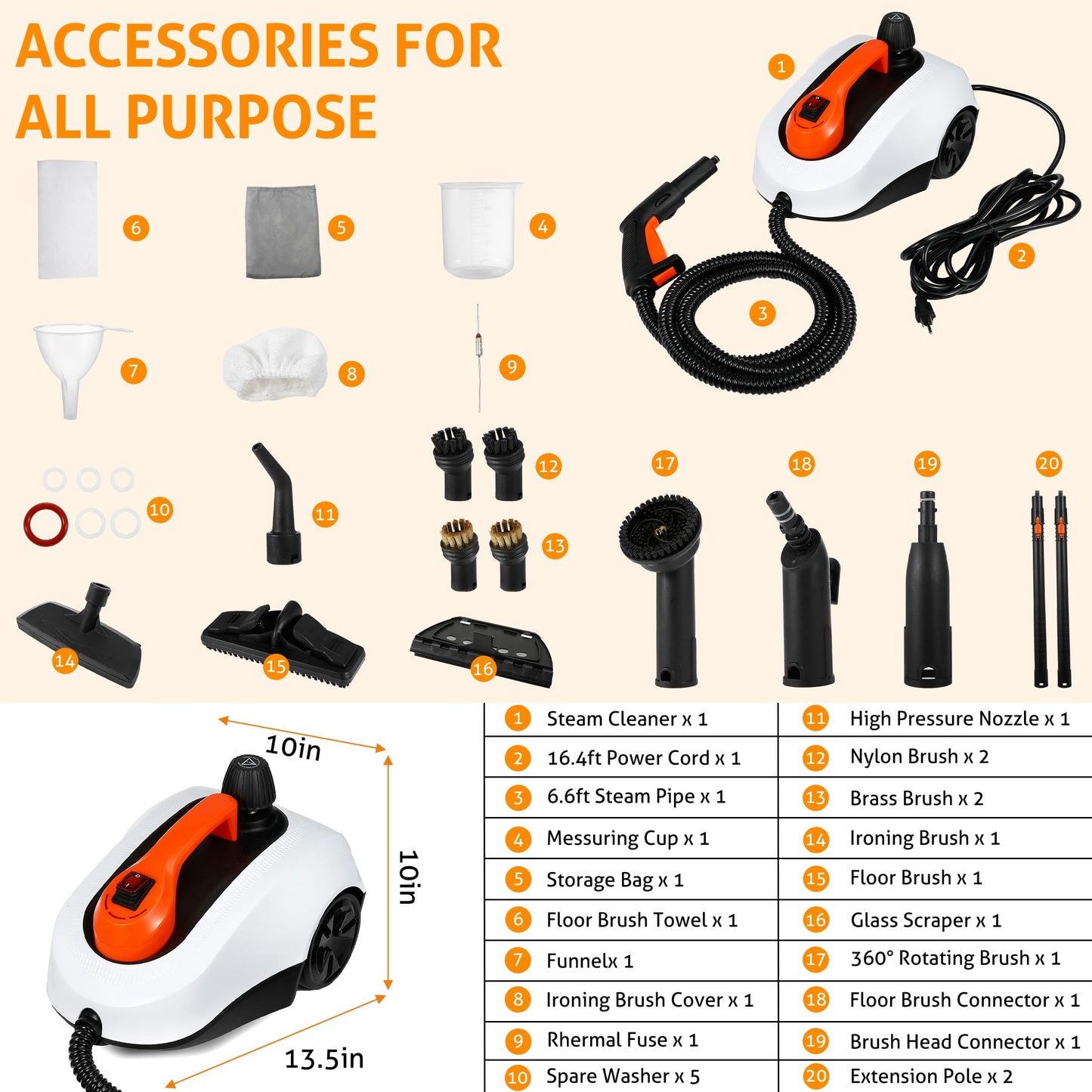 WICHEMI Steam Cleaner with Extension Pole, 61 oz, Steam Cleaner for Home, Adjustable Steam Pressure, 26 Accessories, Handheld Steam Cleaner for Walls, Gaps, Hard Floors, and Tiles
