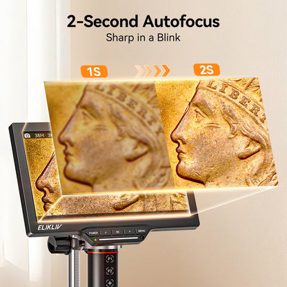 Elikliv Autofocus Digital Coin Microscope: HDMI Soldering Microscope for Adults EM3K-AF, 3K Coin Magnifier for Full View, 7" IPS Microscope with Screen, HDMI/USB Output, 10" Stand, Dual Light, 16GB