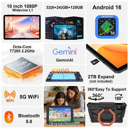 EHFiDC Tablet 10 Inch Android 16 Tablets, 32GB RAM 128GB ROM 2TB Expand, 2.2GHz Octa-Core, 6000mAh, 5G WiFi, HD IPS Display, Widevine L1, Drop-Proof EVA Case