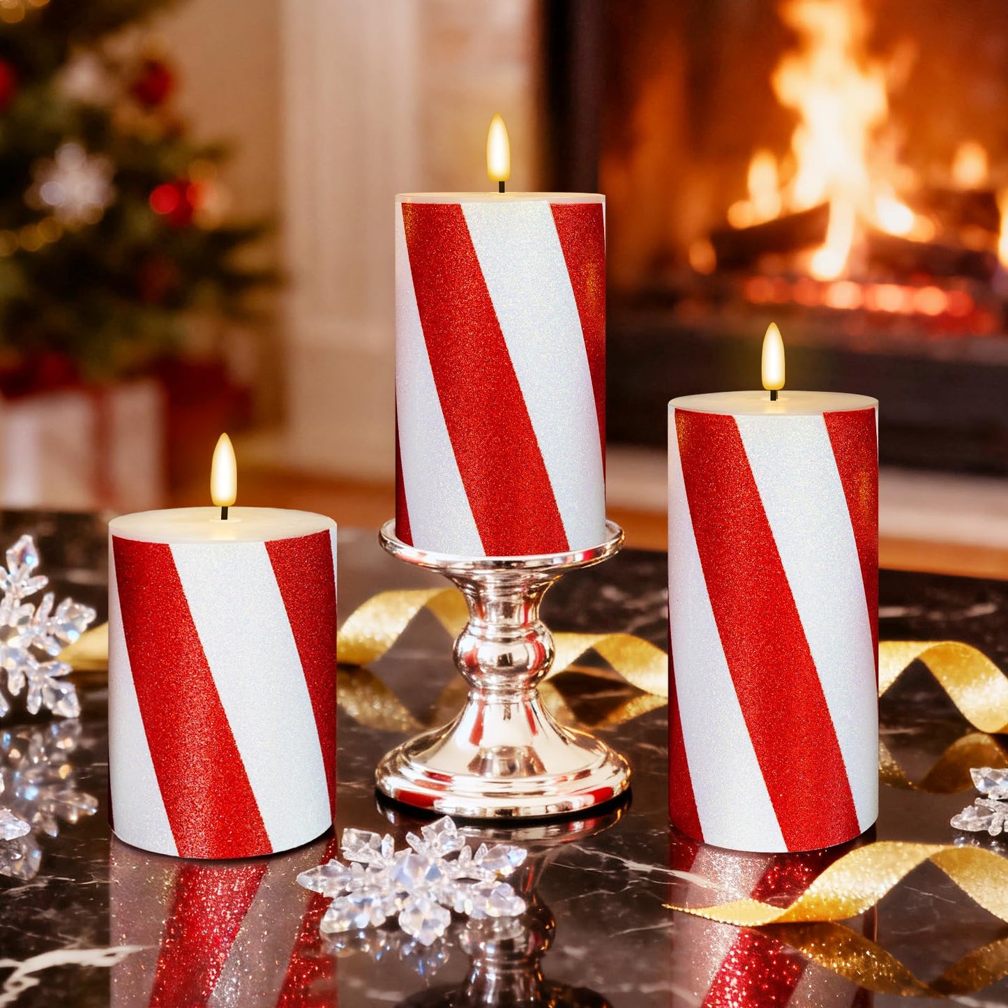 Lumeavetra Red Striped Glitter Flameless Candles, Battery Operated LED Pillar Lights with Remote Timer, Real Wax Decorative Candles for Holiday Home Party Decor, Set of 3 (D3 x H4 5" 6")