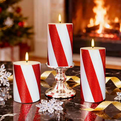 Lumeavetra Red Striped Glitter Flameless Candles, Battery Operated LED Pillar Lights with Remote Timer, Real Wax Decorative Candles for Holiday Home Party Decor, Set of 3 (D3 x H4 5" 6")