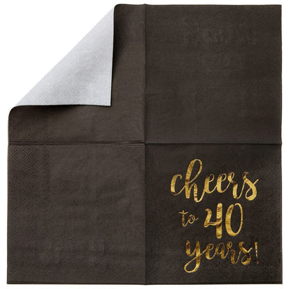 BLUE PANDA 40th Birthday Napkins - 5 x 5 In, 50-Pack, 3-Ply, Black & Gold Foil - Cheers to 40 Years & Cocktail Napkins for Birthday Party Decor