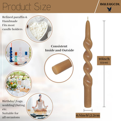 BALEAGCDL Twisted Taper Candle Brown Spiral Candlesticks 10 Inch Unscented Handmade Smokeless Dinner Candles Set for Holiday Gifts Home Decoration 2 Pcs