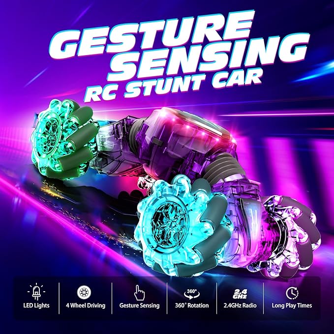 Tecnock Remote Control Car for Boys Girls 2.4GHz 4WD Gesture Sensing RC Stunt Car Toys - 360° Rotating Double Sided Hand Controlled RC Cars with LED Lights Gifts for Kids Ages 6-8 8-12