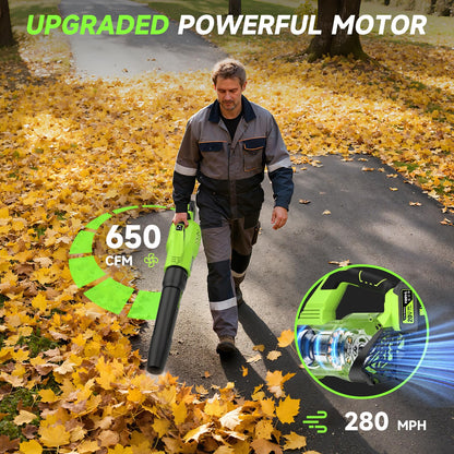 Leaf Blower Cordless, 650CFM Electric Leaf Blowers with 2 x 5.2Ah Batteries and Charger, 3 Speed Modes, 1 x Adjustable Shoulder Strap, Powerful Blowers for Lawn Care, Patio, Dust, Blowing Leaves