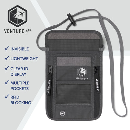 VENTURE 4TH Passport Holder Neck Wallet with RFID Blocking Nylon Lining - Hidden Neck Pouch for Travel (Gray)