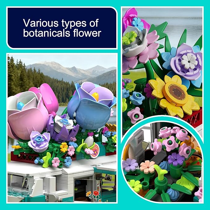 Flower Car Building Block Set City Camper Van Building Set Botanical Collection Flowers Vehicles Blocks Toys Friends Creative Gift for Boys Girls 6-12 Years Old (862 pcs)