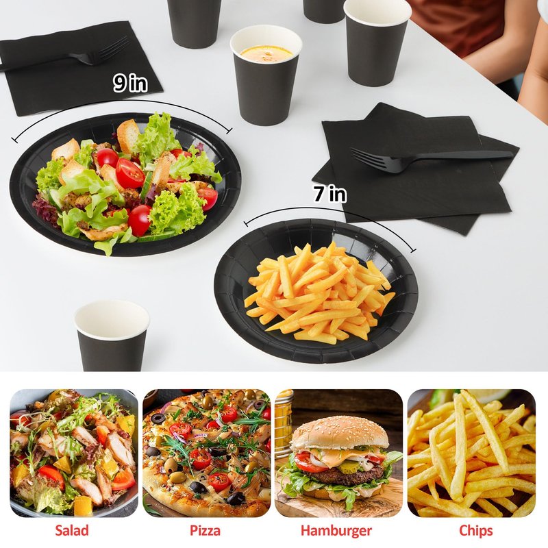 Black Paper Plates and Napkins, Disposable Black Party Plate Include 7&9INCH Plates Cups Napkins Forks Party Supplies for Father‘s Day, Graduations, Retirement, Birthday, Halloween for 25 Guests