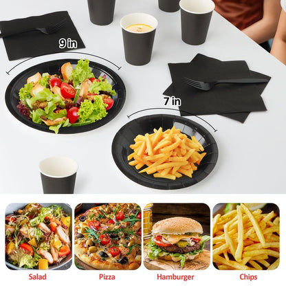 Black Paper Plates and Napkins, Disposable Black Party Plate Include 7&9INCH Plates Cups Napkins Forks Party Supplies for Father‘s Day, Graduations, Retirement, Birthday, Halloween for 25 Guests