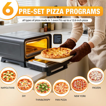 NEWBULIG Pizza Oven Indoor, Electric Pizza Maker Countertop with 6 Presets, Heats to 750°F, 1600W, Makes 12.6'' Pizzas, Includes Stone & Spatula, Touchscreen & Mechanical Control Knobs