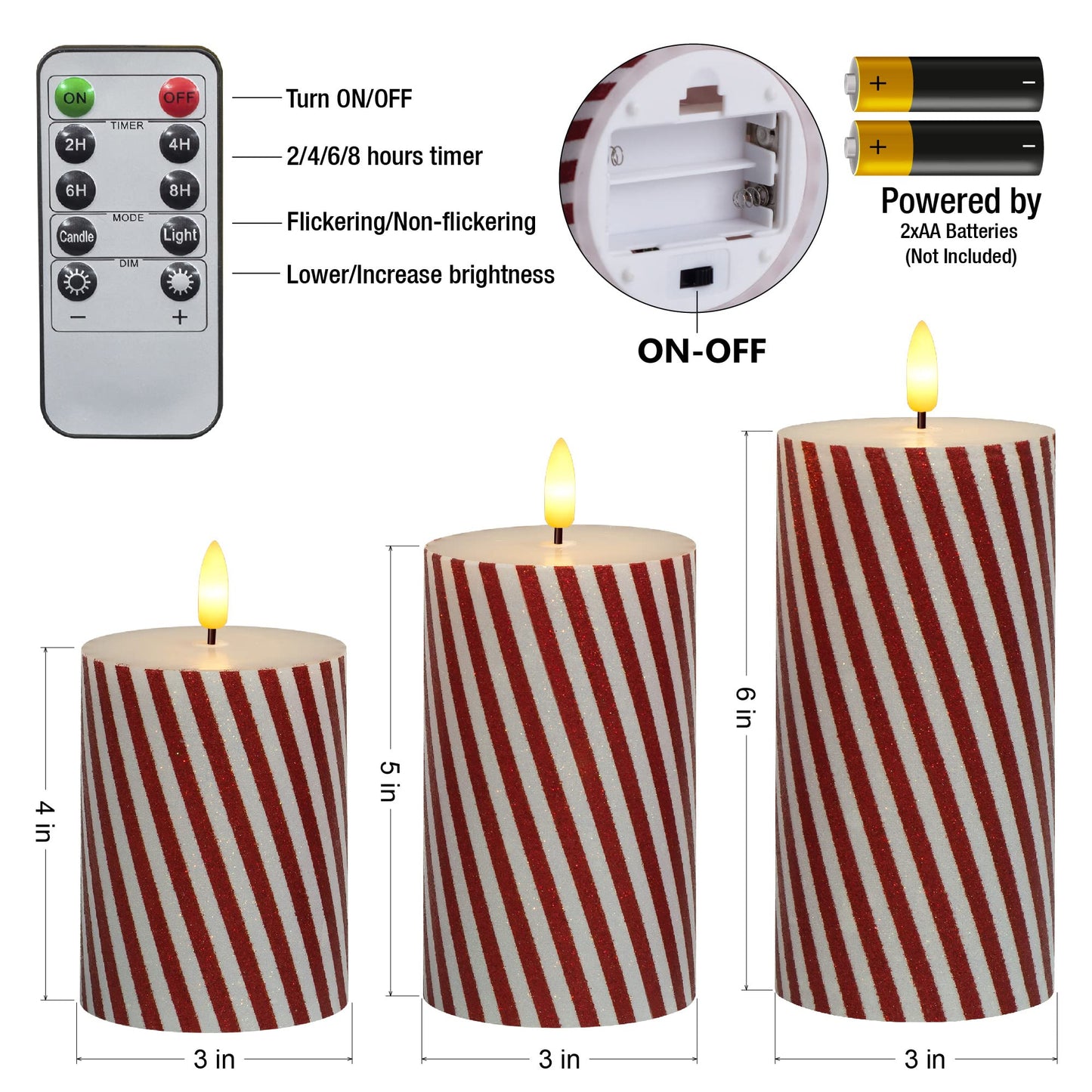 Yongmao Christmas Flickering Red Stripes Glitter Flameless Candles, Battery Operated Pillar Real Wax LED Electric Candle with Remote Timer for Home Christmas Party Decor D3 x H4 5" 6" Set of 3