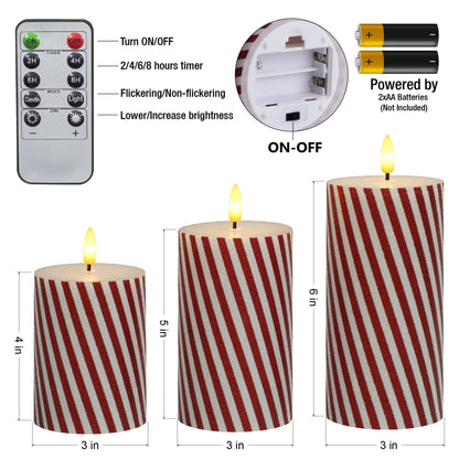Yongmao Christmas Flickering Red Stripes Glitter Flameless Candles, Battery Operated Pillar Real Wax LED Electric Candle with Remote Timer for Home Christmas Party Decor D3 x H4 5" 6" Set of 3