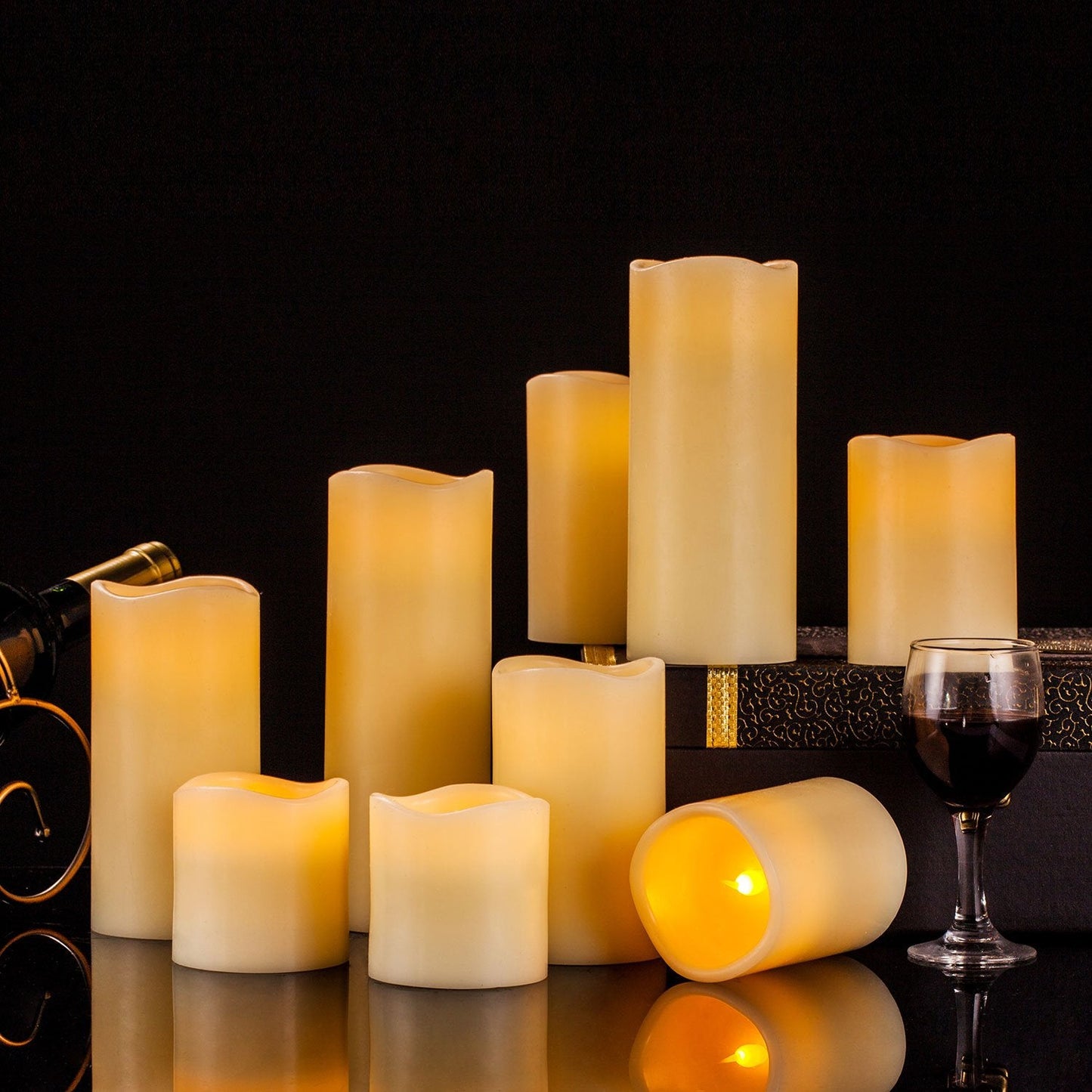 RY King Large Flameless Candle Set of 9 (D 3" x H 3", 3", 4", 4", 5", 5", 6", 7", 8") Battery Operated LED Pillar Real Wax Candles with Remote Control Timer