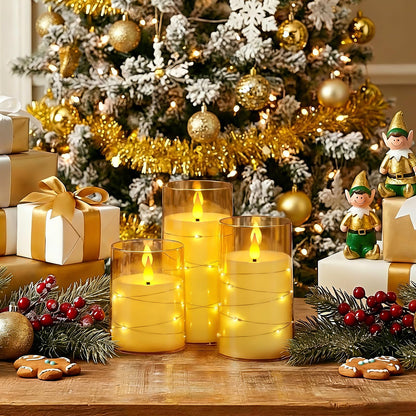 Homemory Flameless Candles with Embedded Star String Fairy Lights, Battery Operated Candles, LED Candle, Fake Candles with Remote Control and Timer, Gold, Set of 3(H 4" 5" 6”)