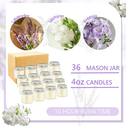 ACITHGL 36 Pcs 4oz Mini Mason Jar Candles Small Scented Candles Bulk Aromatherapy Ideal Souvenir Favors for Wedding Birthday Party (Freesia, Lavender, Jasmine, Silver)