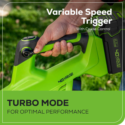 Greenworks 40V (130 MPH / 550 CFM ) Brushless Axial Leaf Blower, Ultra-Powerful for Wet Leaves, Heavy Debris, Gravel and Driveway Snow, Includes 4.0Ah Battery and Charger