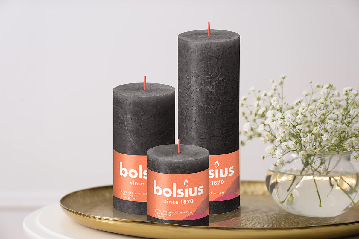 BOLSIUS 4 Pack Black (Stormy Gray) Rustic Pillar Candles - 2.75 X 5 Inches - Premium European Quality - Includes Natural Plant-Based Wax - Unscented Dripless Smokeless 60 Hour Party Decor Candles