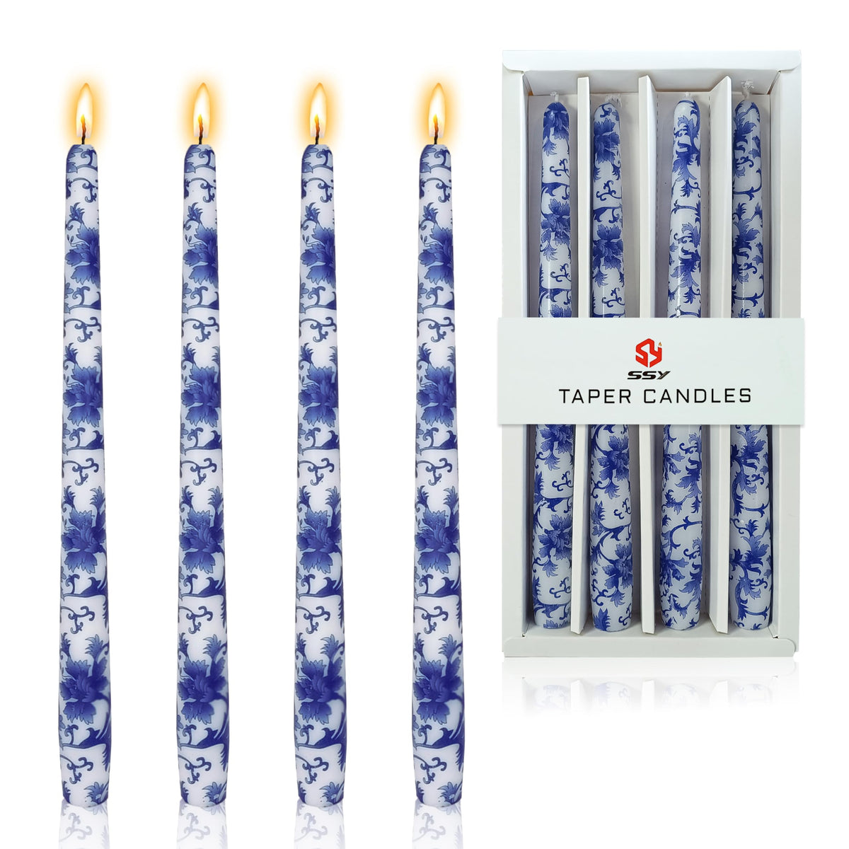 Blue and White Porcelain Taper Candlesticks 10 in Print Taper Candles Unscented Smokeless Handmade Printing Candle Tall Tapered Candle Sticks for Home Dinner Wedding Decor Simple Modern, 4 Pack
