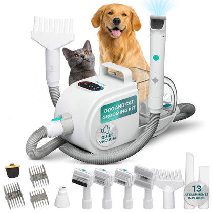 PetCove Dog Grooming Kit – Pet Clippers, Nail Grinder & Blow Dryer with Quiet 3-Speed Suction, 3 Heat Settings, 2.6L Dog Hair Vacuum Dust Bin, HEPA System, Self-Cleaning Brushes
