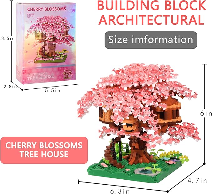 Cherry Blossom Tree Building Block Set Gift for Adults Girls Boys 14+ Cherry Bonsia Treehouse Micro Building Blocks Japanese Sakura Flowers House 2028PCS