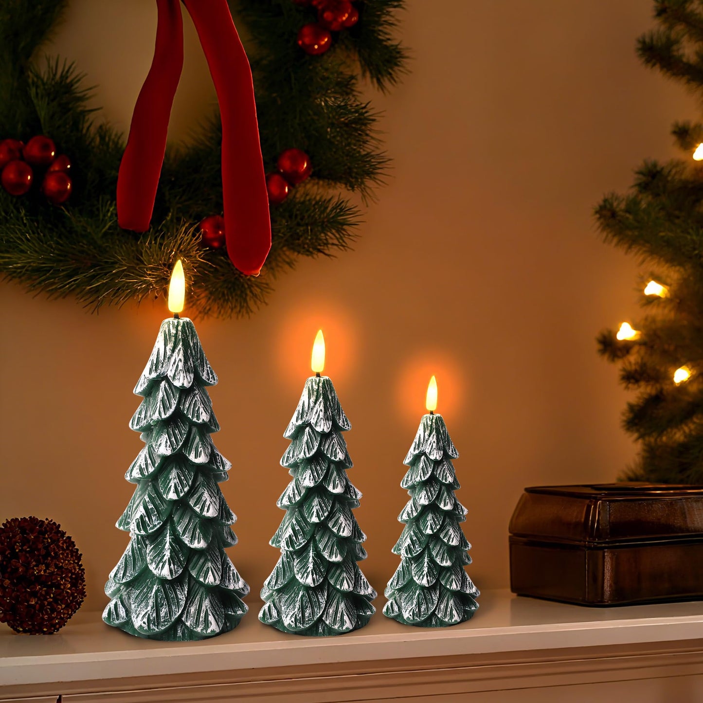 Peninpha 3Pcs Christmas Tree Candles with Remote Timer, Wax LED Flameless Candles Battery Operated with 3D Flickering Flame for Xmas Winter Décor,Green