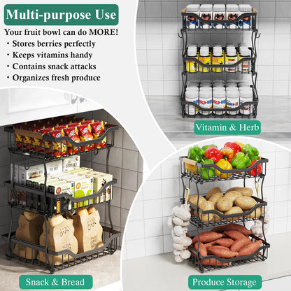OKZEST 3-Tier Fruit Basket for Kitchen Counter with 2 Banana Hangers, Countertop Organizer Fruit Bowls, Fruit Storage Basket Stand with Handle for Storage Potato Onion Bread Snack Fruit Veggie