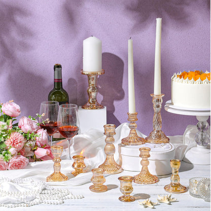 Mumufy 10 Sets Glass Crystal Taper Candle Holders Stand Centerpiece Bulk with 10 in Taper Candles Sticks Clear Decorations Table Wedding Dining Party (Gold)