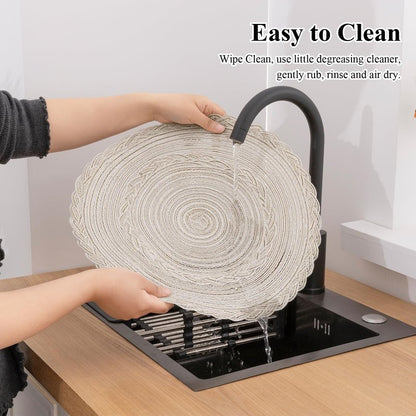 SHACOS 15 inch Round Braided Placemats Set of 12 for Dining Table Woven Boho Place Mats Kitchen Placemat Washable Table Mats, Ivory Bordered
