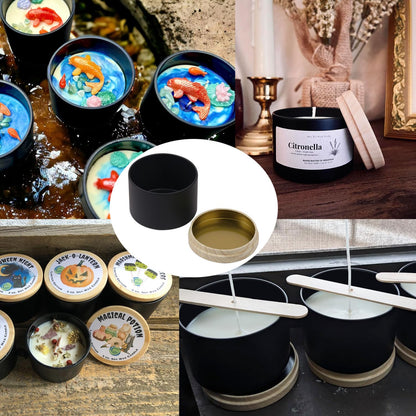 Biugaaufai 24 Pack 8 OZ Black Metal Candle Tins, Round Candle Tins with Wood Grain Lids for DIY Candle Making and Storage