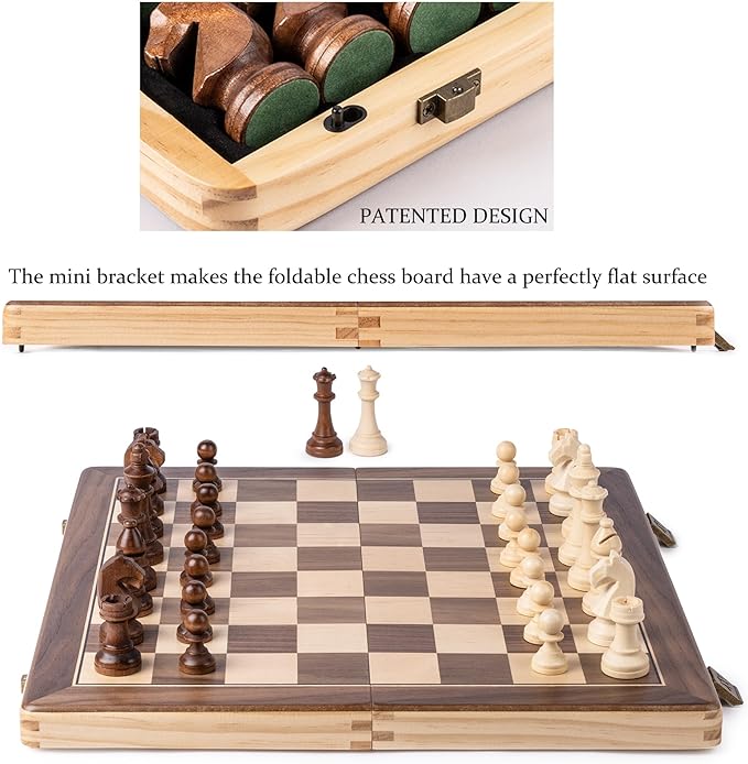 A&ampA 15 Magnetic Wooden Chess Set/Folding Board / 3 King Height German Knight Staunton Chess Pieces/Mahogany &amp Maple Inlaid /2 Extra Queen