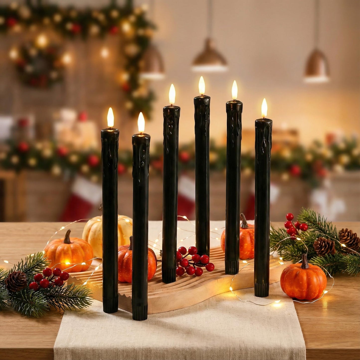 Eywamage Black Dripping Wax Flameless Taper Candles with Remote, Flickering LED Wax Candlesticks Battery Operated Set of 6
