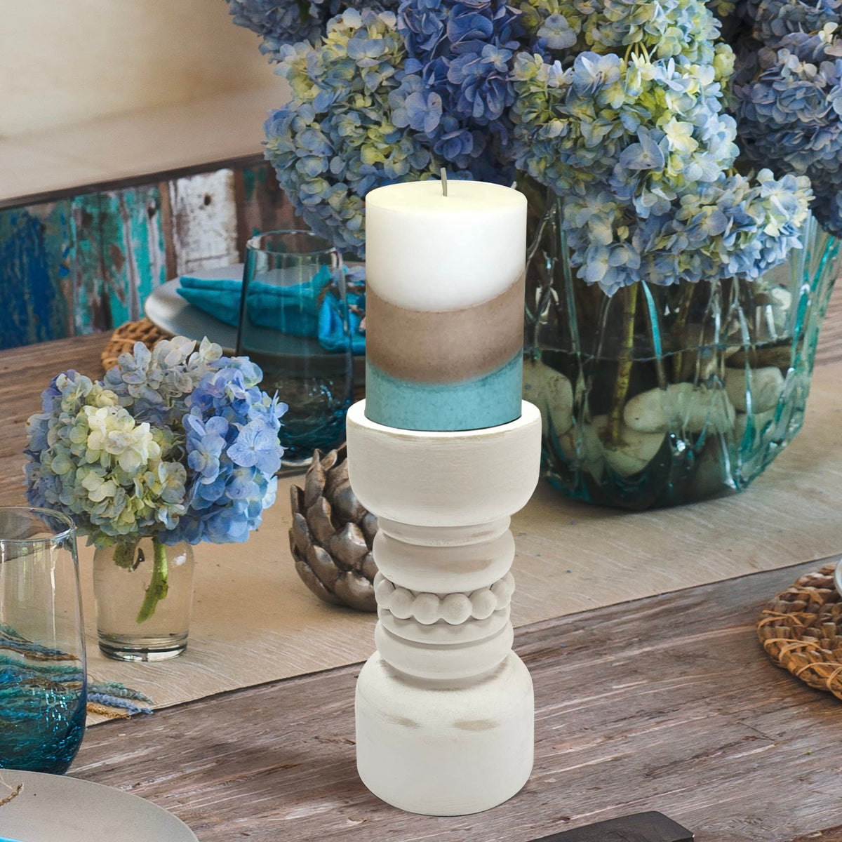 dwellington Farmhouse Rustic Wood Pillar Candle Holder, Decorative Beaded Candlestick Holder Stand for Home Decor, Gifts, Wedding (White)