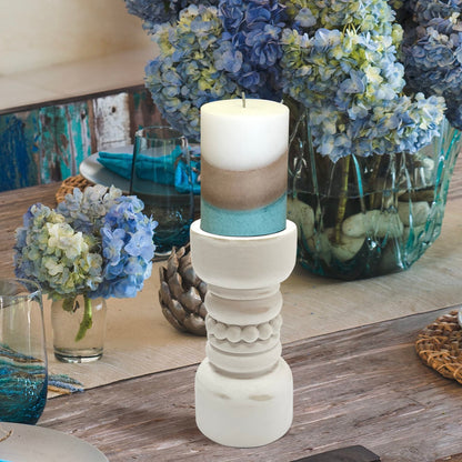 dwellington Farmhouse Rustic Wood Pillar Candle Holder, Decorative Beaded Candlestick Holder Stand for Home Decor, Gifts, Wedding (White)