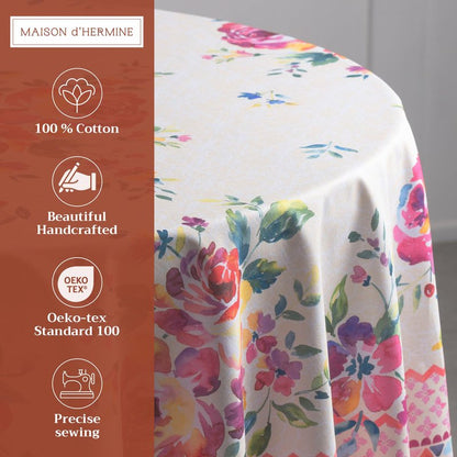 Maison d' Hermine Table Cloth Round Table 100% Cotton 69 Round Inches Tablecloth Reusable Decorative for Dining Kitchen Room Farmhouse Home Gifts for Mothers Day Spring Summer - Rose Garden