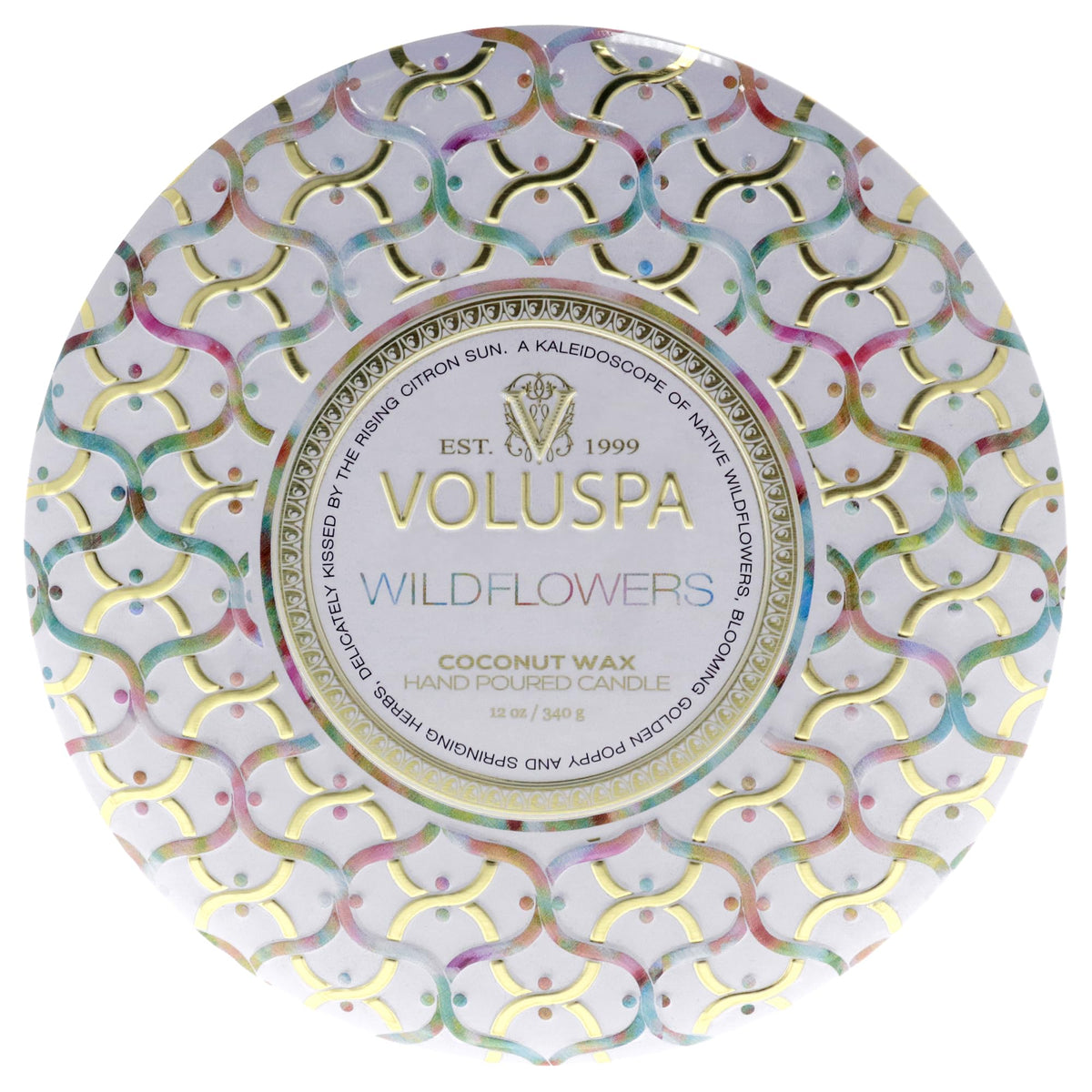 Voluspa Wildflowers, 3 Wick Tin Candle, 12 oz, 40 Hour Burn Time, All Natural Wicks and Coconut Wax for Clean Burning, Vegan, Poured in the USA