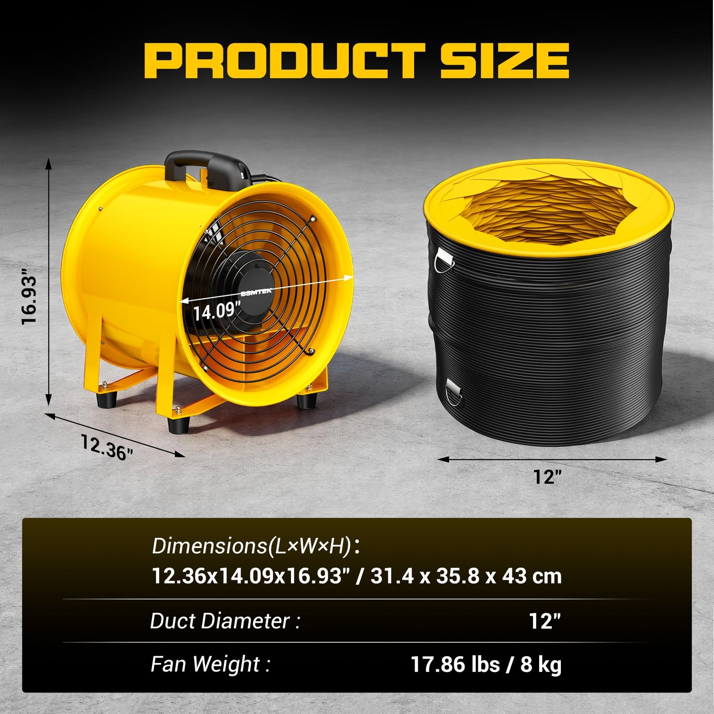 BSMTEK 12 Inch High-Velocity Air Mover Blower Fan, 3500CFM 550W with 33FT Duct Hose, Low-Noise Industrial Portable Ventilator Blower for Basements, Workshops, Warehouses, Confined Spaces