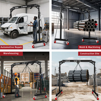 BSMTEK 1.5 Ton Gantry Crane MAX3000lbs Capacity, Adjustable Height (8.53-12.47 FT) & Width (6.56 FT), Steel I-Beam Construction, Portable Shop Hoist for Factories, Warehouses, Black