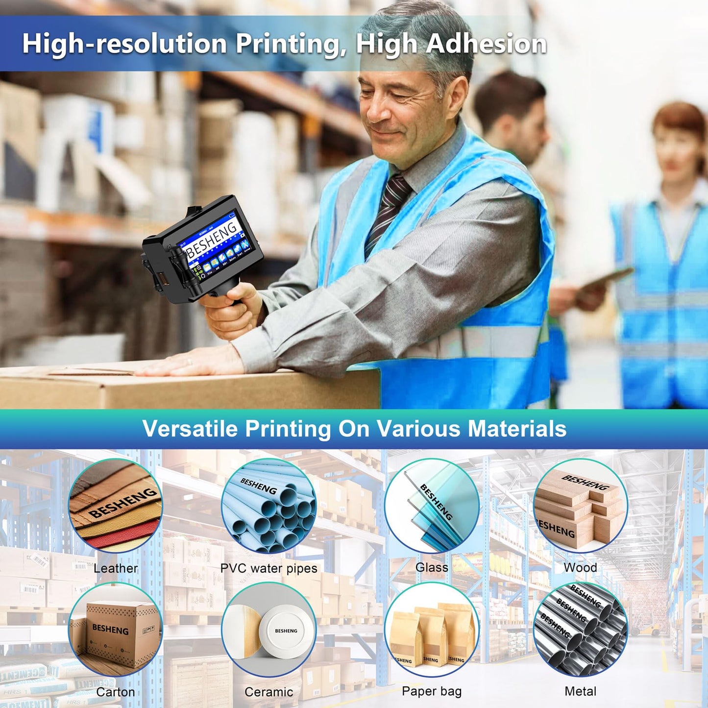 BESHENG Handheld Inkjet Printer Gun PT3000 Printing Height 0.08-0.5Inch Inkjet Coder with Original Fast-Drying Ink for Text QRCode/Barcode/Batch Number/Label/Image/Date Printer with Touch Screen