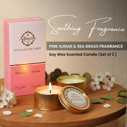 Adisesh Decor Soy Wax Scented Candles - Pink Sugar & Sea Grass (Set of 2) | Metal Tin Scented Candles for Home Decoration, Burn Time 14-15 Hrs Each, Luxury Fragrance Candles for Gifting