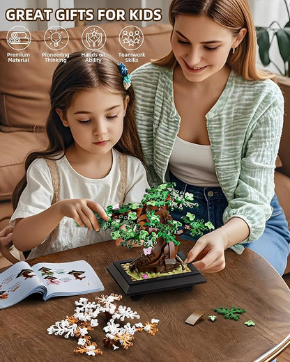 4 in 1 Bonsai Tree Building Set Four Season Cherry Bonsai Tree Building Kit Artificial Plant Decor for Home Desk Greenery Mother's Day Present Xmas Gifts for Adults Girls&ampBoys (529pcs)