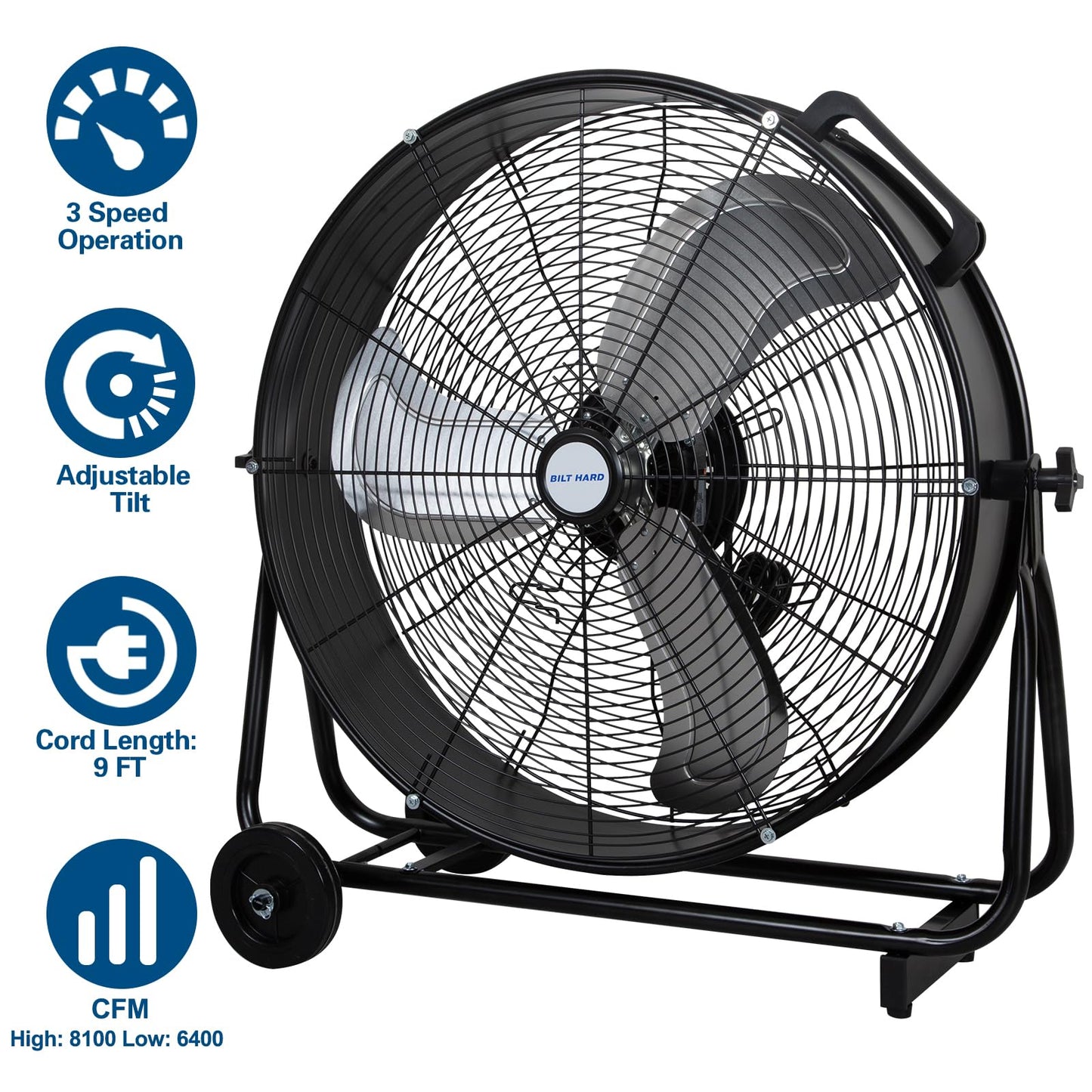 BILT HARD 24" 8100 CFM High Velocity Industrial Drum Fan, 3 Speed Heavy Duty Tilt Metal Shop Fan, Ideal for Garage, Warehouse Factory and Commercial Use, Black