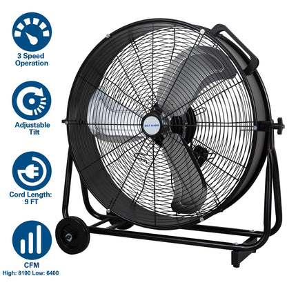 BILT HARD 24" 8100 CFM High Velocity Industrial Drum Fan, 3 Speed Heavy Duty Tilt Metal Shop Fan, Ideal for Garage, Warehouse Factory and Commercial Use, Black