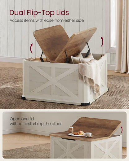 VASAGLE LIRY Collection - Farmhouse Coffee Table with Storage, Square Center Coffee Table for Living Room, with Hidden Compartment, Flip-Top Lids, Honey Brown and Rustic White ULCT232W73