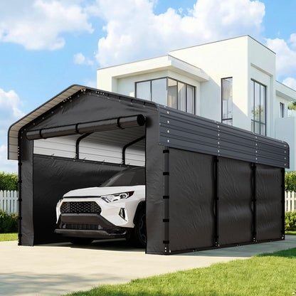 10x15FT Heavy Duty Metal Carport,Outdoor Garage with Removable Sidewalls & Doors, Heavy Duty Steel Frame and Galvanized Roof for Cars and Boats, Gray