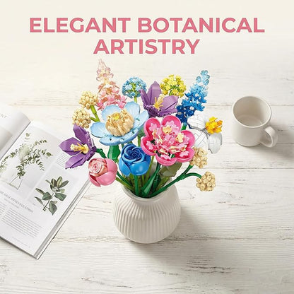 Spring Flowers Bouquet Building Set Botanicals Collection Artificial Flower Rose Peony Narcissus Balloon Flowers Flower Arrangement Art Home Decor Gift for Girls Women
