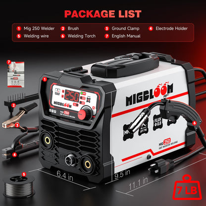 250A Mig Welder,Gasless 110V FLUX MIG/ARC/Lift TIG Welding Machine,3 in 1 Mig Welder with Synergy and IGBT Inverter,Flux Core Welder with LCD Display